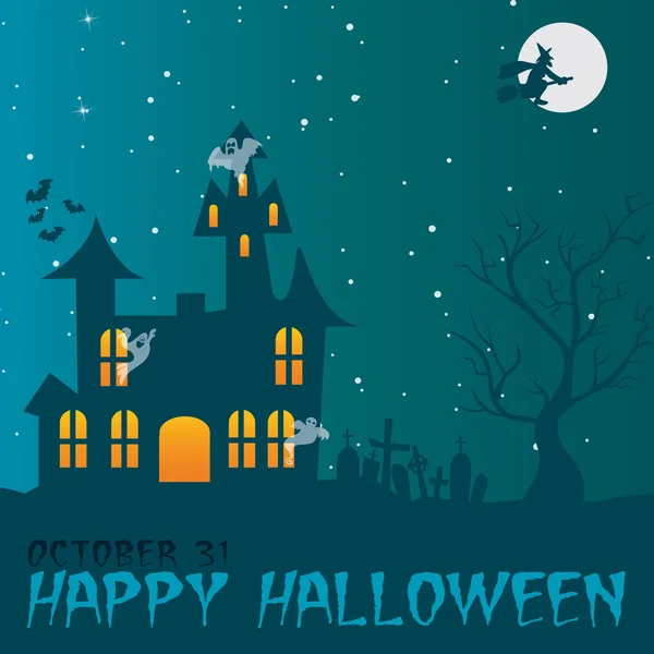 Kísértetjárta ház boldog halloween kártya vektoros formátumban — Stock Vector