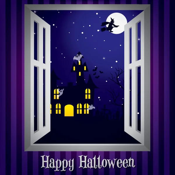 Mirando a través de la ventana en una casa embrujada tarjeta de Halloween en formato vectorial — Vector de stock