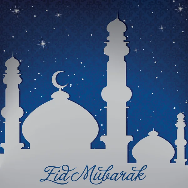 Ασημένιο λευκό χρυσό Τζαμί και αστέρια» eid Μουμπάρακ "ευλογημένη eid κάρτα σε διανυσματική μορφή — Διανυσματικό Αρχείο