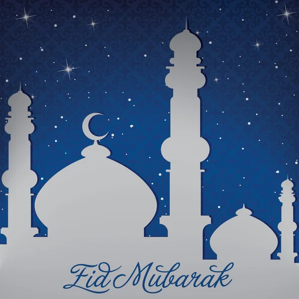 Wit goud zilver moskee en sterren "eid mubarak" gezegend eid kaart in vector-formaat — Stockvector