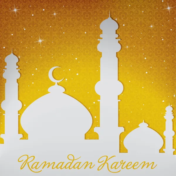 Oro blanco plata Mezquita y estrellas "Ramadan Kareem" Generosa tarjeta Ramadán en formato vectorial — Archivo Imágenes Vectoriales