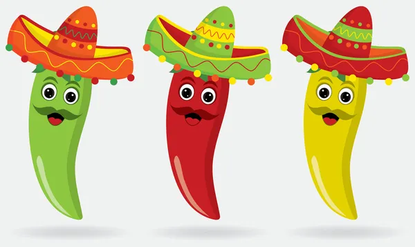 Mexické papričky jalapeňos v sombrera — Stockový vektor