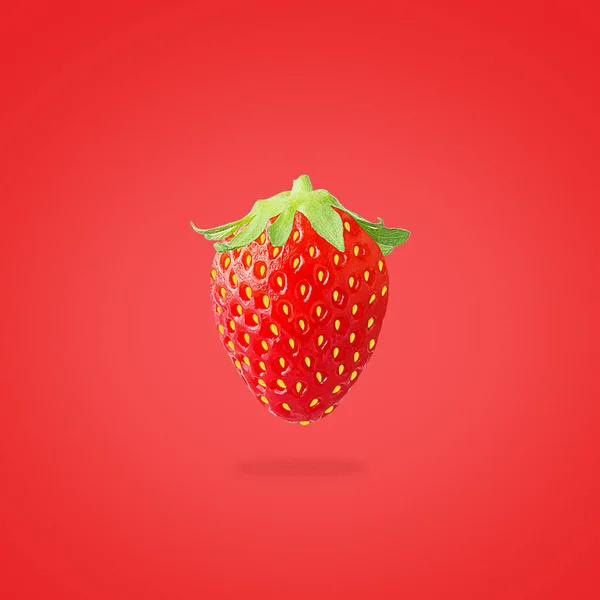 One whole ripe juicy strawberry fruit on red — Stock Photo, Image