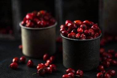 Rosehip in the cup. Benefits and used as a natural remedy. Natural therapy. dark mode style.