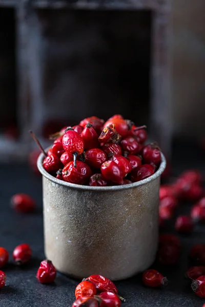 Rosehip Cup Benefits Used Natural Remedy Natural Therapy Dark Mode Stockfoto