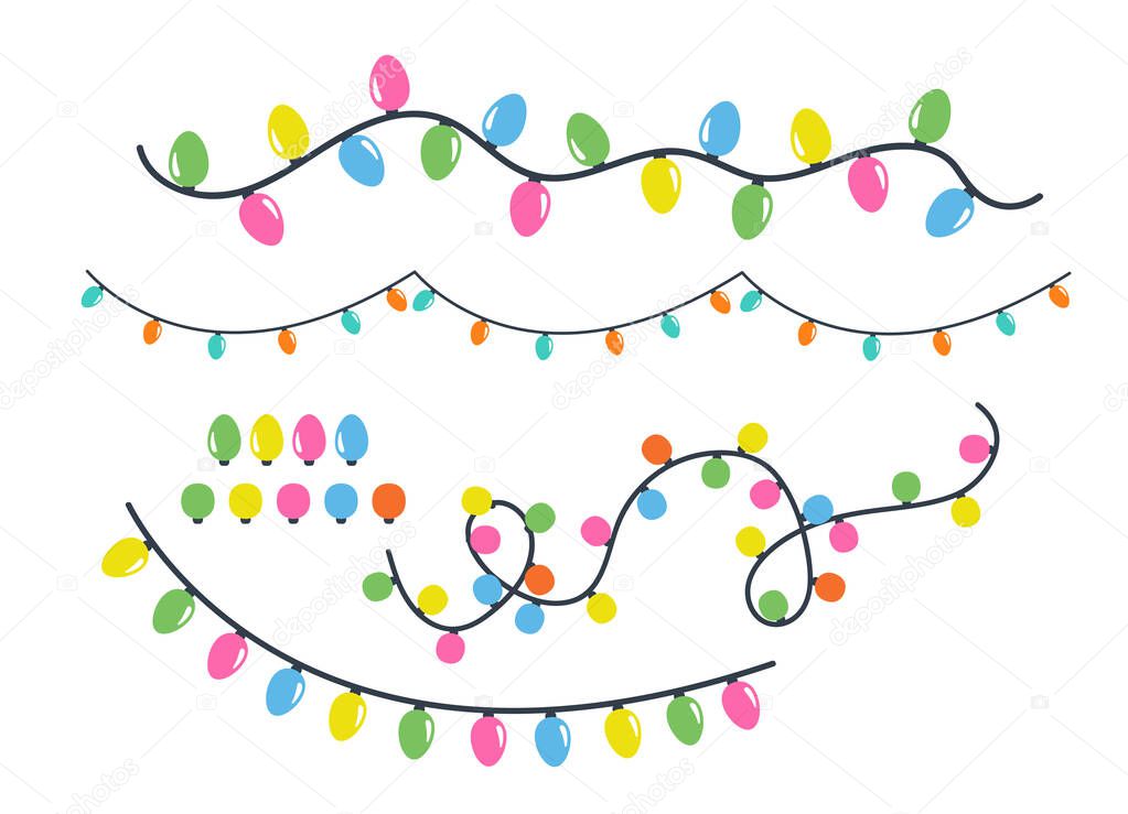 Christmas lights garland and strings isolated on white background flat style set