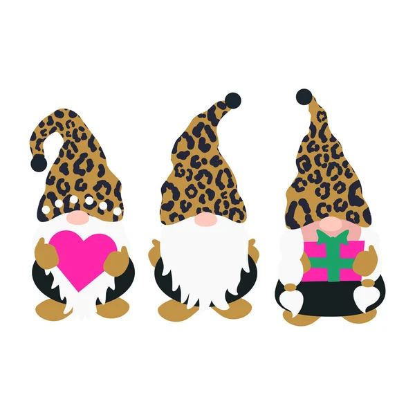 Cumpleaños saludos lindo poco Gnomos en sombreros de leopardo vector ilustración. — Archivo Imágenes Vectoriales