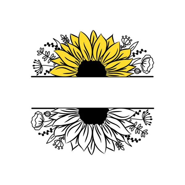 Borde de girasol medio flores dibujo y contorno. Conjunto de flores divididas florecientes. Ilustración en blanco y negro sobre fondo blanco. Monogramas florales — Vector de stock