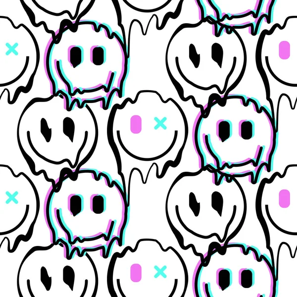 Melting smile emoji icons seamless pattern. Melted funny smile face. Dripping smile. Good mood positive emoji. — Archivo Imágenes Vectoriales