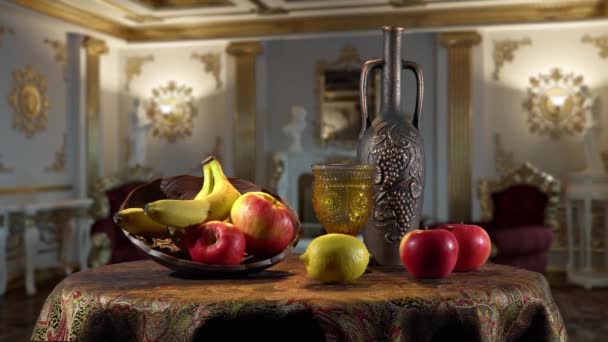 Bodegón con fruta y una botella de vino en un interior clásico — Vídeos de Stock