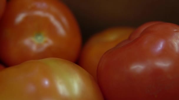 Tomates frescos no balcão no supermercado — Vídeo de Stock