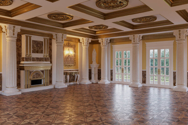 3d render of the interior of the hall in a classic style