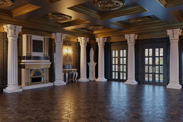3d render of the interior of the hall in a classic style