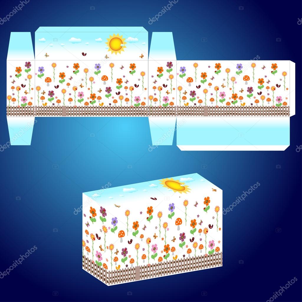 Vector template for box with happy flowers