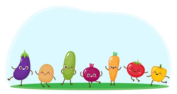 Cartoon Cucumber Carrot Broccoli Tomato Pepper Beetroot Cute Vegetable Characters — Stock Vector