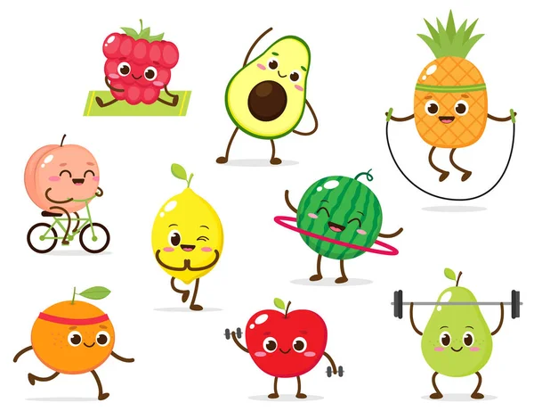 Cartone Animato Personaggio Della Frutta Carino Facendo Esercizi Spot Yoga — Vettoriale Stock