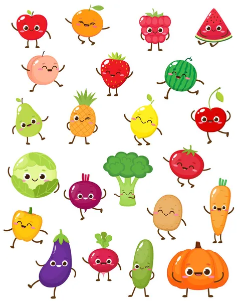 Conjunto Frutas Verduras Dibujos Animados Colección Emoji Comida Feliz Ilustraciones De Stock Sin Royalties Gratis