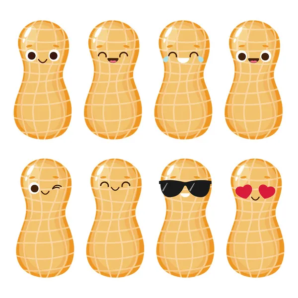 Cute Happy Peanut Shell Character Set Funny Nut Emoticon Flat Stock Vector