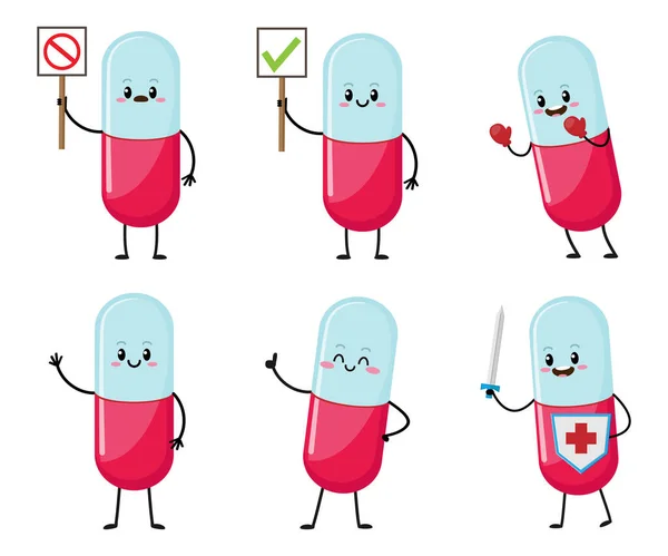 Cartoon Pill Character Set Pill Treatment Medical Pharmacy Concept Health 로열티 프리 스톡 벡터