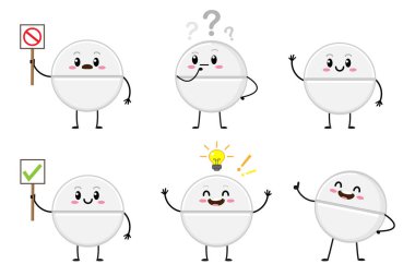 Cartoon pill character set. Tablet treatment. Medical and pharmacy concept. Health care vector illustration.