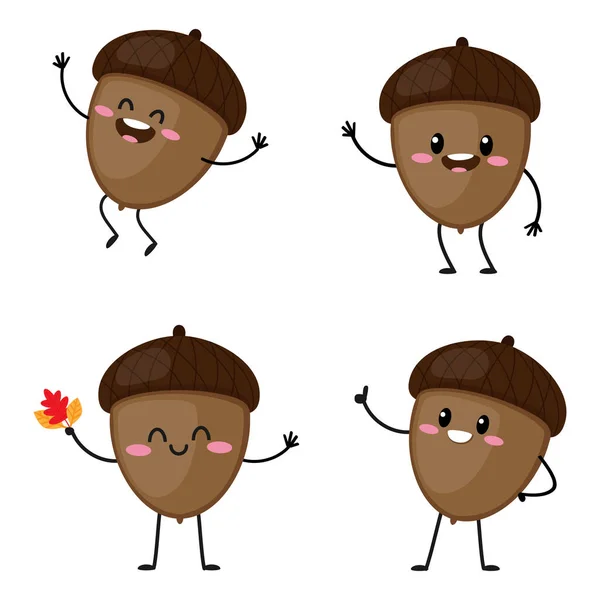 Set Cartoon Acorns Cute Oak Tree Acorn Character Holding Leaf — 스톡 벡터