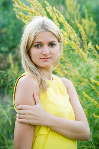 Beautiful young girl in meadow — Stock Photo, Image