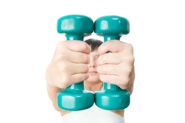 Elinde yeşil dumbbells ile kız — Stok fotoğraf