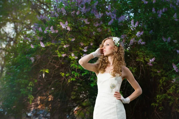 Bela noiva em um vestido branco em um fundo lilás na primavera — Fotografia de Stock