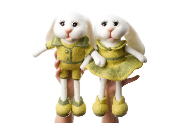 Toy bunnies in a gift — Stock Photo, Image