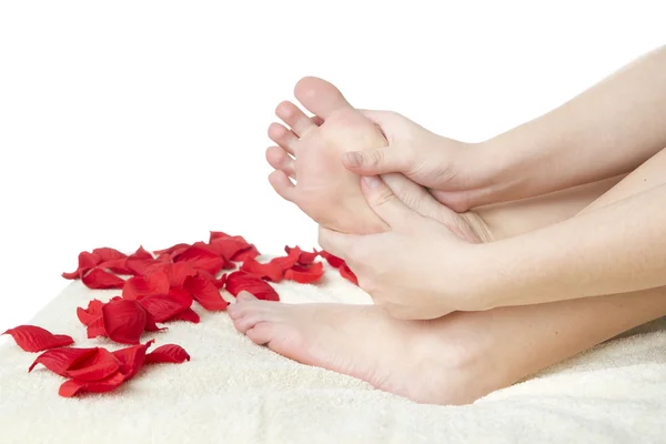 Beautiful female feet and rose petals. — Stock Photo, Image