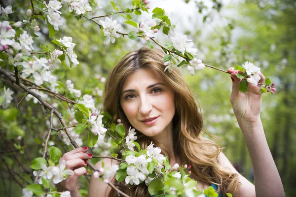 Jovem menina bonita na primavera florescendo jardins — Fotografia de Stock