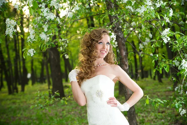 Bella sposa in un abito bianco in giardini fioriti in primavera — Foto Stock