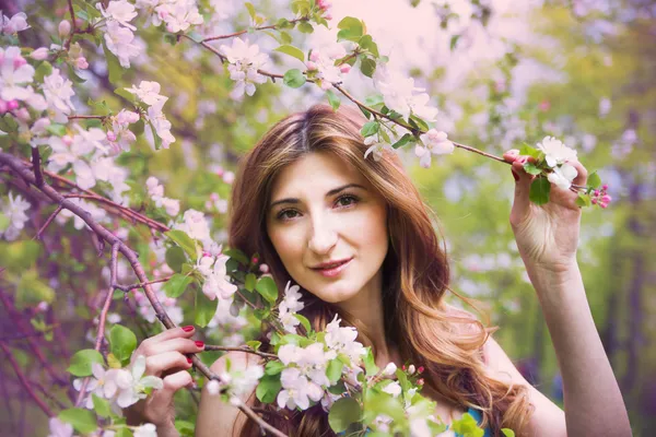 Genç kız güzel bahar çiçek bahçeleri — Stok fotoğraf