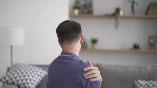 Man Doing Self Massage Shoulders Home Self Soothing Massaging — Stock Video