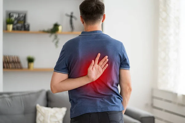 Pain Shoulder Blades Man Suffering Backache Home Painful Area Highlighted — Stock Photo, Image