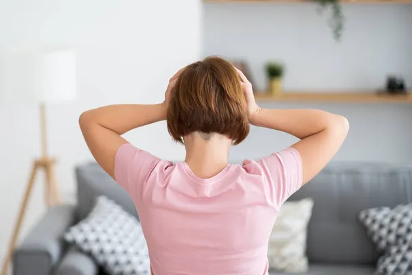 Headache Migraine Woman Head Pain Home Interior Mental Health Problems — Stock Photo, Image