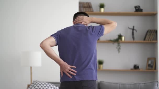 Dolor Espalda Hombre Con Dolor Espalda Casa Concepto Problemas Salud — Vídeo de stock