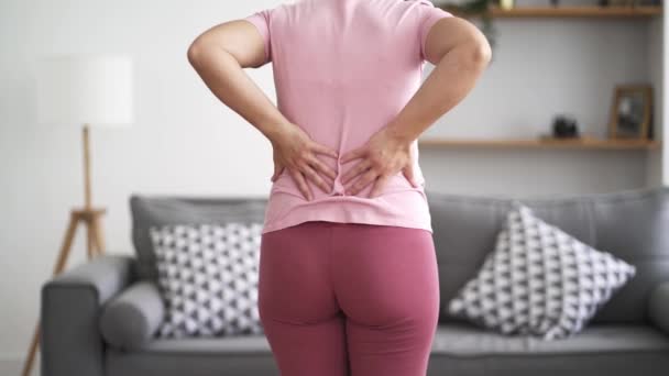 背中の痛み 腎臓の炎症 自宅で腰痛に苦しむ女性 健康問題の概念 — ストック動画