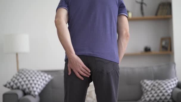 Hemorrhoidal Pain Man Suffering Hemorrhoids Home Health Problems Concept — Stock Video