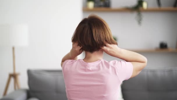 Woman Does Self Massage His Neck Head Home Self Soothing — Stock Video