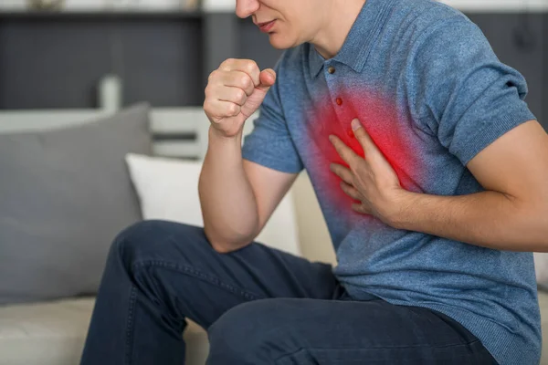 Dor Garganta Tosse Homem Com Dor Pulmonar Casa Conceito Problemas — Fotografia de Stock
