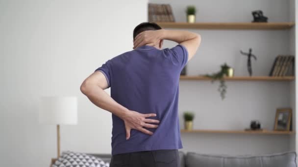 Dolor Espalda Hombre Con Dolor Espalda Casa Concepto Problemas Salud — Vídeos de Stock