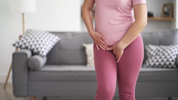 精神的な痛み 自宅で午後から胃の痛みを持つ女性 子宮内膜症 膀胱炎や尿路系の他の疾患 健康上の問題の概念 — ストック動画