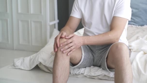 Knee Pain Man Suffering Ache Doing Self Massage Home Self — Stock Video