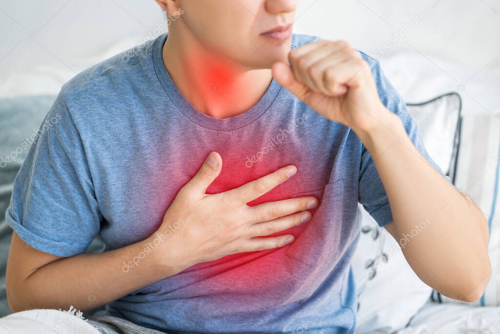 Sore throat and cough, man with lung pain at home, health problems concept
