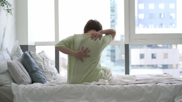 Back Pain Woman Backache Bedroom Health Problems Concept — Stock Video
