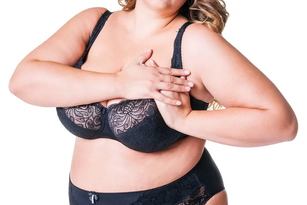 Tlustá Žena Černém Prádle Nadváha Ženské Tělo Izolované Bílém Pozadí — Stock fotografie