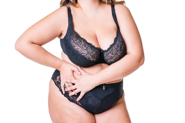 Dicke Frau Schwarzen Dessous Übergewichtiger Weiblicher Körper Isoliert Auf Weißem — Stockfoto