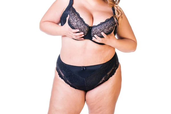 穿着黑色内衣裤的性感胖女人 被白色背景隔离的超重女性 整形手术的概念 — 图库照片