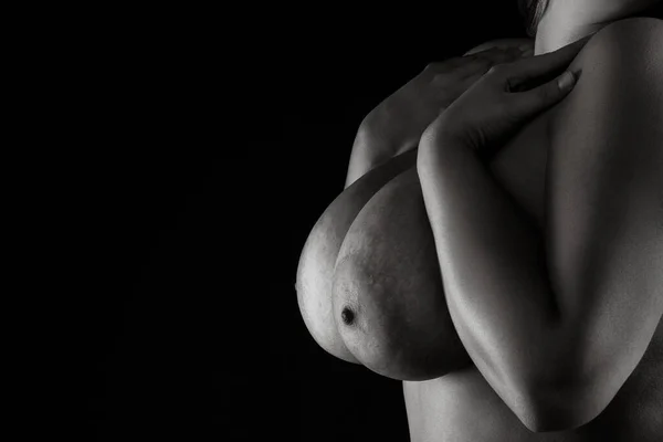 Big Natural Breast Closeup Large Boobs Dark Background Black White — Stock Photo, Image